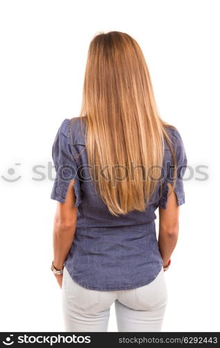 Businesswoman posing with her back faced to camera, isolated over copy space background