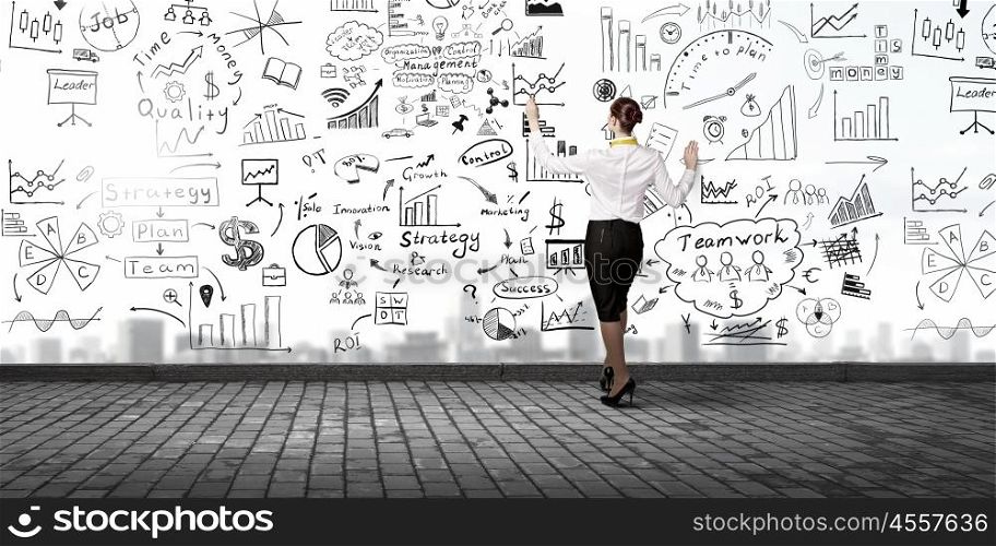 Businesswoman presenting her business ideas. Back view of businesswoman drawing business strategy sketch on wall