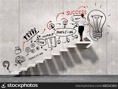 Businesswoman presenting her business ideas. Back view of businesswoman drawing business strategy sketch on wall