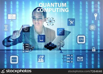 Businesswoman pressing virtual button in quantum computing concept. The businesswoman pressing virtual button in quantum computing concept
