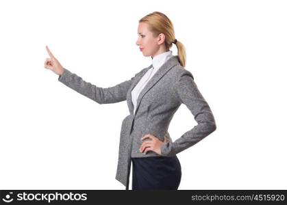 Businesswoman pressing virtual buttons on white