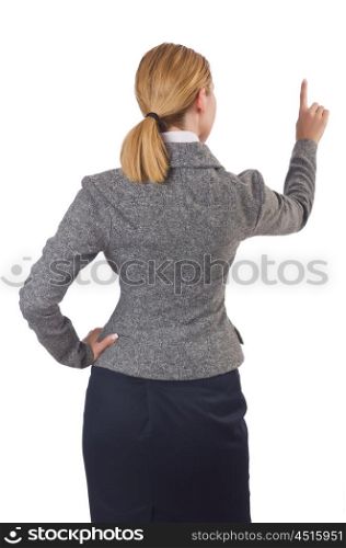 Businesswoman pressing virtual buttons on white