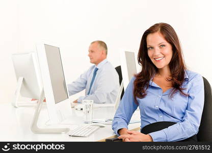 Businesswoman pretty smile sitting in office with male colleague portrait