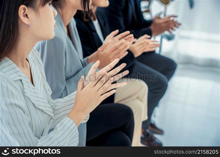Businesswoman proficiently present work project receive celebrations from team . Corporate business team collaboration concept .. Businesswoman proficiently present work project receive celebrations from team