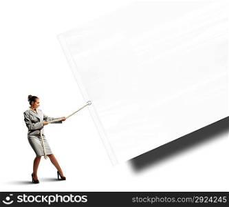 Businesswoman pulling banner