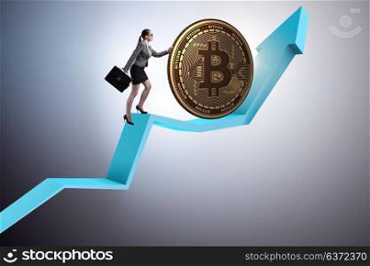 Businesswoman pushing bitcoin in cryptocurrency blockchain concept. Businesswoman pushing bitcoin in cryptocurrency blockchain conce