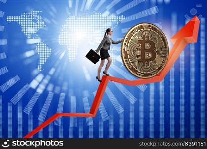 Businesswoman pushing bitcoin in cryptocurrency blockchain concept. Businesswoman pushing bitcoin in cryptocurrency blockchain conce