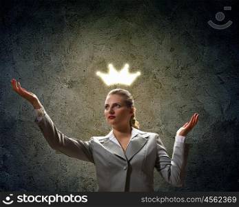 Businesswoman queen. Image of businesswoman in crown. Leadership concept