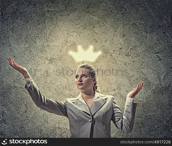 Businesswoman queen. Image of businesswoman in crown. Leadership concept