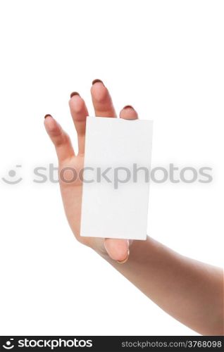 Businesswoman&rsquo;s hand holding blank paper business card, closeup isolated on white background