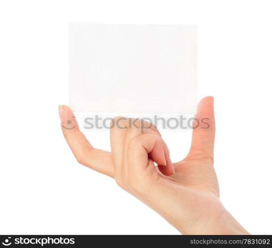 Businesswoman&rsquo;s hand holding blank paper business card, closeup isolated on white background