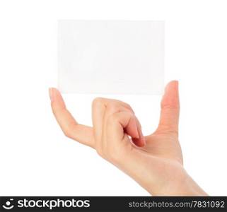 Businesswoman&rsquo;s hand holding blank paper business card, closeup isolated on white background