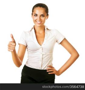 businesswoman says ok on white background