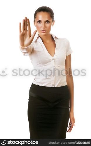 businesswoman says to stop on white background