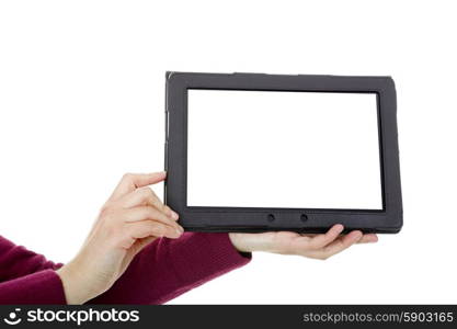 businesswoman showing a tablet pc, isolated