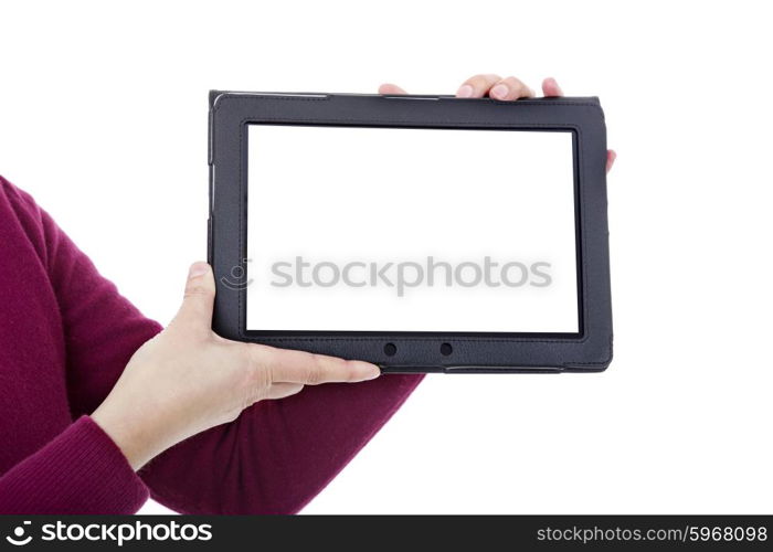 businesswoman showing a tablet pc, isolated