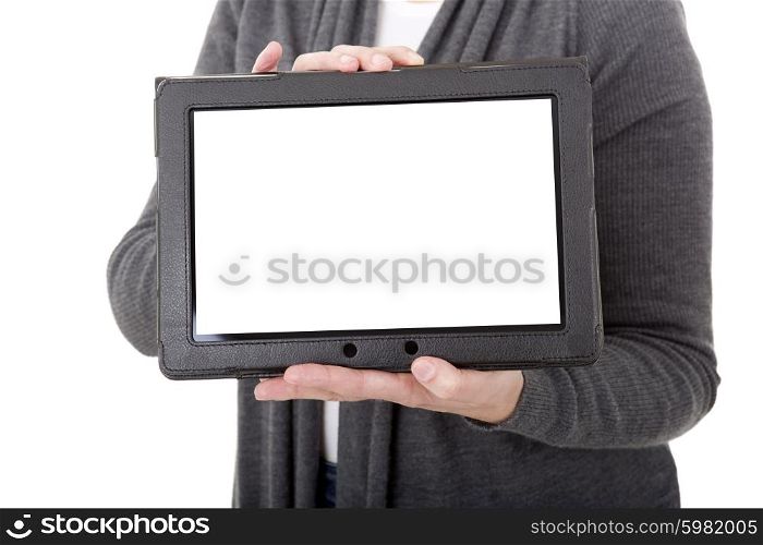 businesswoman showing a tablet pc, isolated
