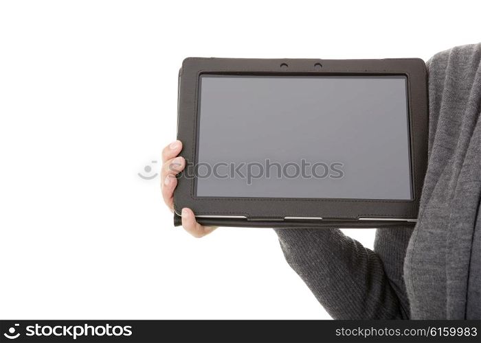 businesswoman showing a tablet pc, isolated
