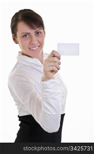 Businesswoman showing and handing a blank business card. Business woman in white shirt, high key, focus on card
