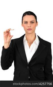 Businesswoman showing business card for message