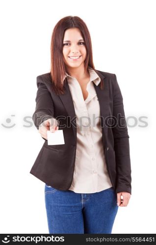 Businesswoman showing greeting card - isolated over white