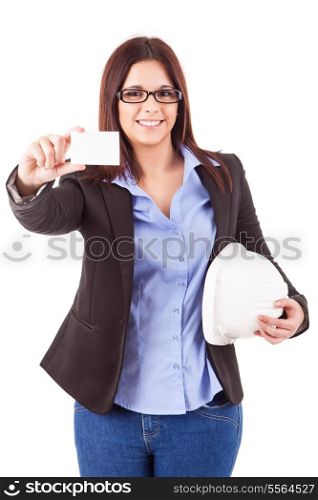Businesswoman showing greeting card - isolated over white