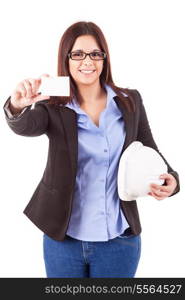 Businesswoman showing greeting card - isolated over white