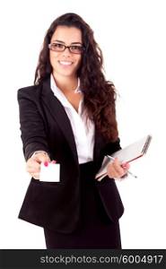 Businesswoman showing greeting card - selective focus on hand