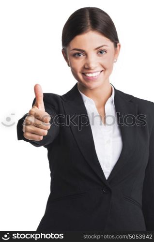 Businesswoman showing thumb up. Happy smiling businesswoman showing thumb up isolated on white background