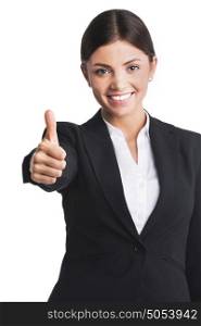Businesswoman showing thumb up. Happy smiling businesswoman showing thumb up isolated on white background