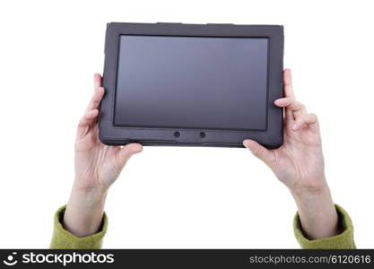 businesswoman showing touch pad, close up shot on tablet pc, isolated