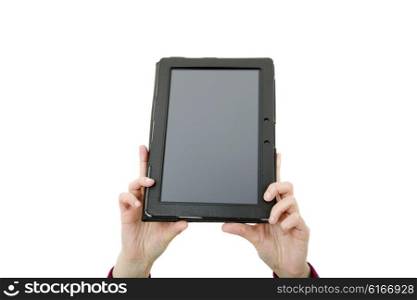 businesswoman showing touch pad, close up shot on tablet pc, isolated