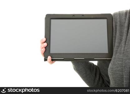 businesswoman showing touch pad, close up shot on tablet pc, isolated