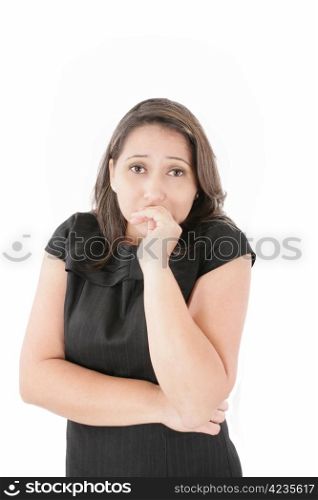 Businesswoman shrugging, isolated on white background