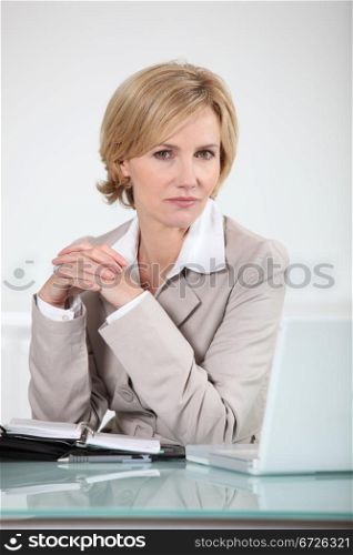 Businesswoman sitting at her laptop with an open diary