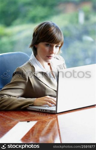 Businesswoman sitting in an office and using a laptop