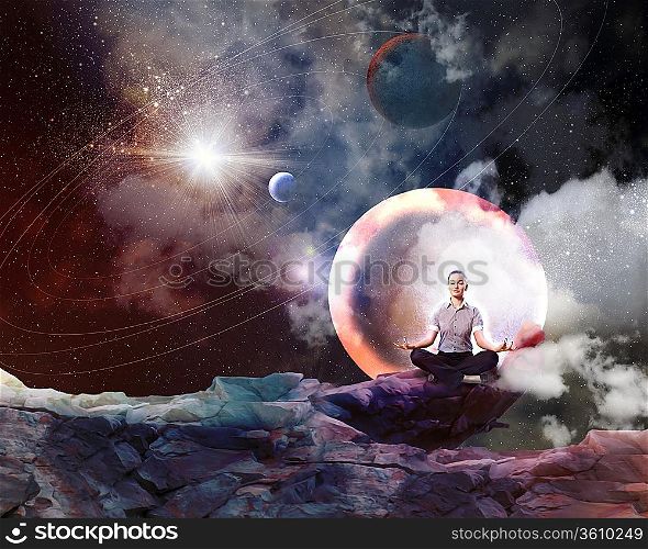 Businesswoman sitting in lotus flower position against space background