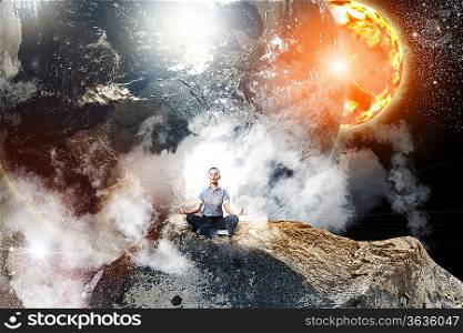 Businesswoman sitting in lotus flower position against space background