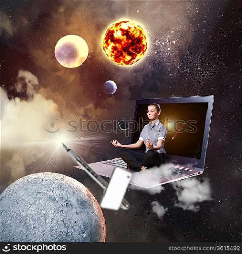 Businesswoman sitting in lotus flower position against space background with office stuff aloft