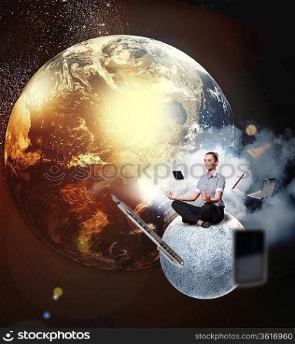 Businesswoman sitting in lotus flower position against space background with office stuff aloft