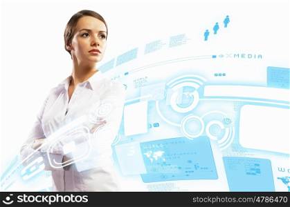 Businesswoman smiling. Image of attractive businesswoman against hightech background