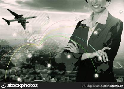 Businesswoman stand and look far away, airplane, building. Transportation information. Worldwide trading concept.
