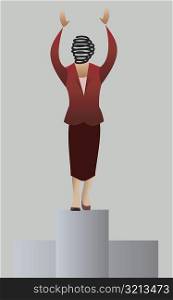 Businesswoman standing on a pedestal with her arms raised