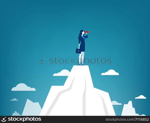 Businesswoman standing on top of the mountain using telescope looking for success. Concept business illustration. Vector flat