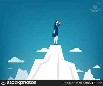 Businesswoman standing on top of the mountain using telescope looking for success. Concept business illustration. Vector flat