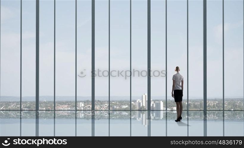 Businesswoman standing with back and looking in office window. Office life