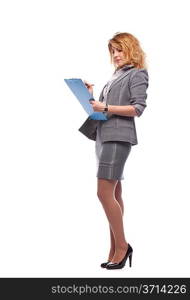 Businesswoman standing with folder and pen isolated over white background