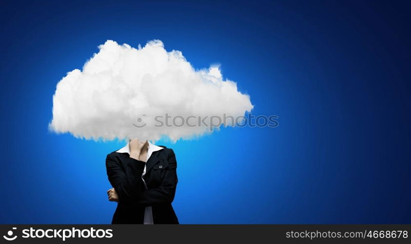 Businesswoman standing with his head in cloud. Floating in sky