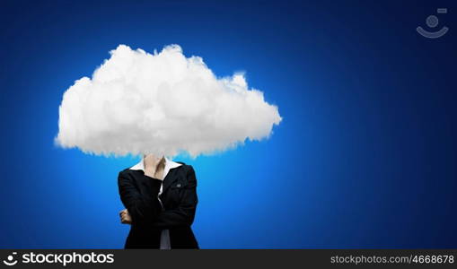 Businesswoman standing with his head in cloud. Floating in sky