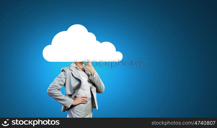 Businesswoman standing with his head in cloud. Floating in sky